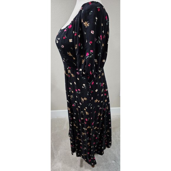 Floral Puff Sleeve Midi Dress With Pockets Black Multicolor - Picture 6 of 9